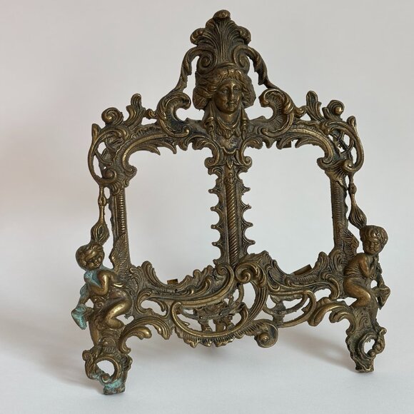 Antique Brass Cherub Double Picture Frame - Ornate Brass - Picture 1 of 9